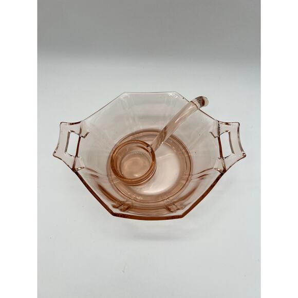 Vintage Imperial Pink Depression Glass Open Handled Molly Serving Bowl & Laddle - Picture 2 of 9